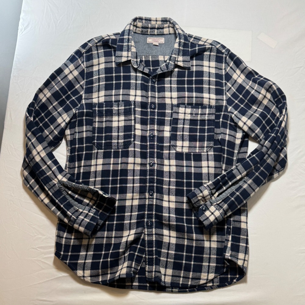 Wallace & Barnes Plaid Flannel Mens Large Navy Blue Button Down Shirt L Cotton